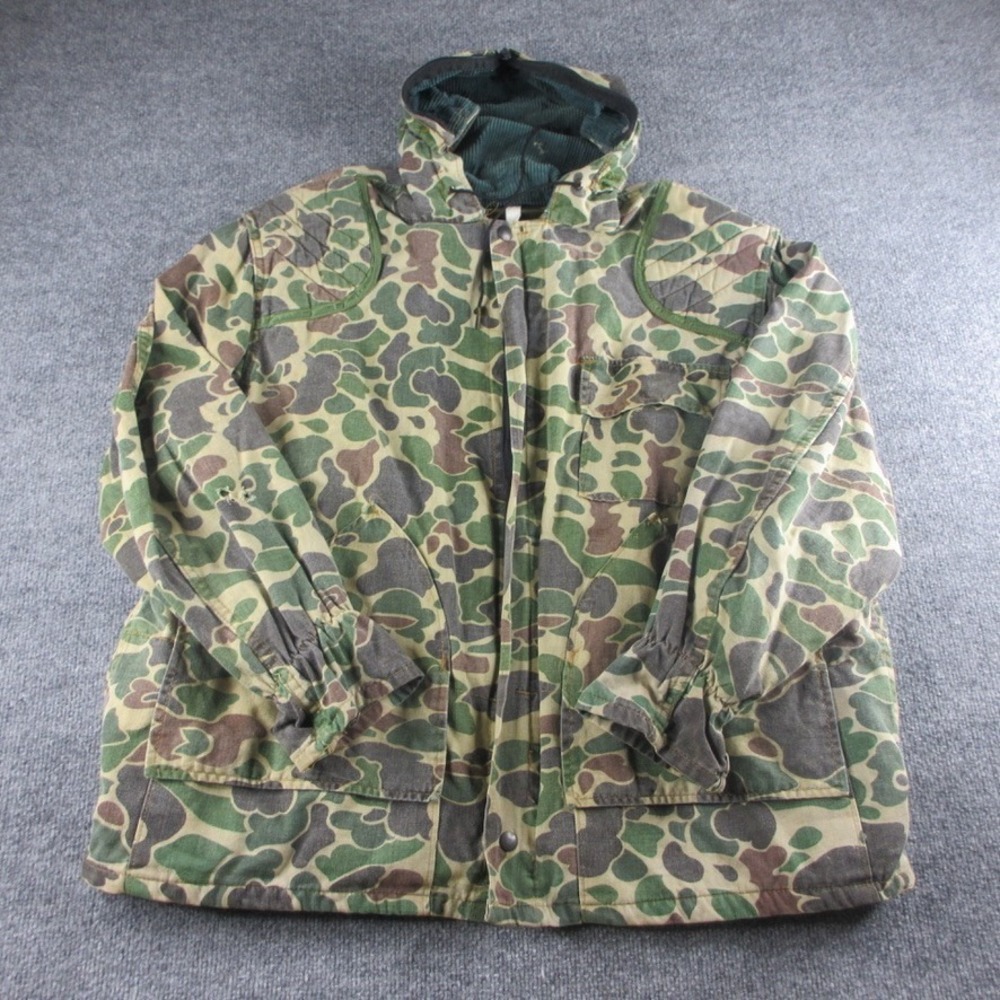 VINTAGE Canvasback Hunting Jacket Mens XL? Duck Camo Full Zip Corduroy Hooded